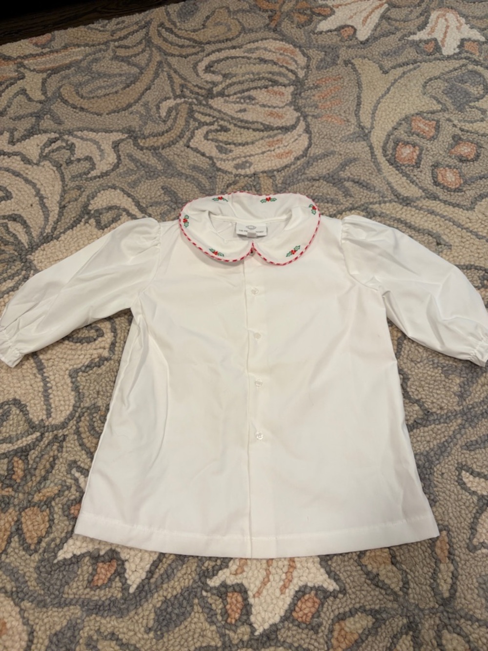 White Girls' Peter Pan Collar Shirt with Red Trim